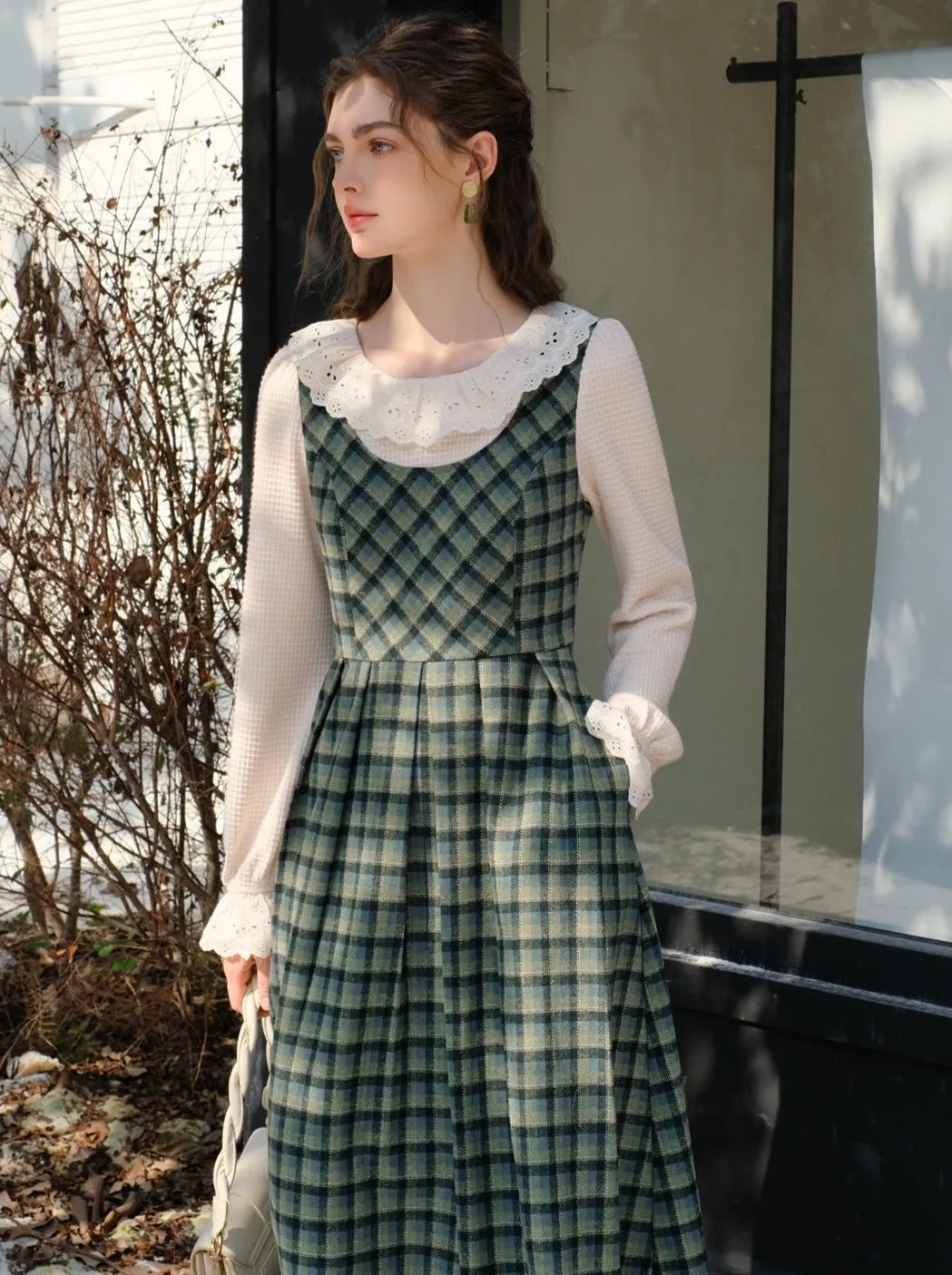 Collar Skirt Retro Suspender Green Check Ruffle Blouse Lace