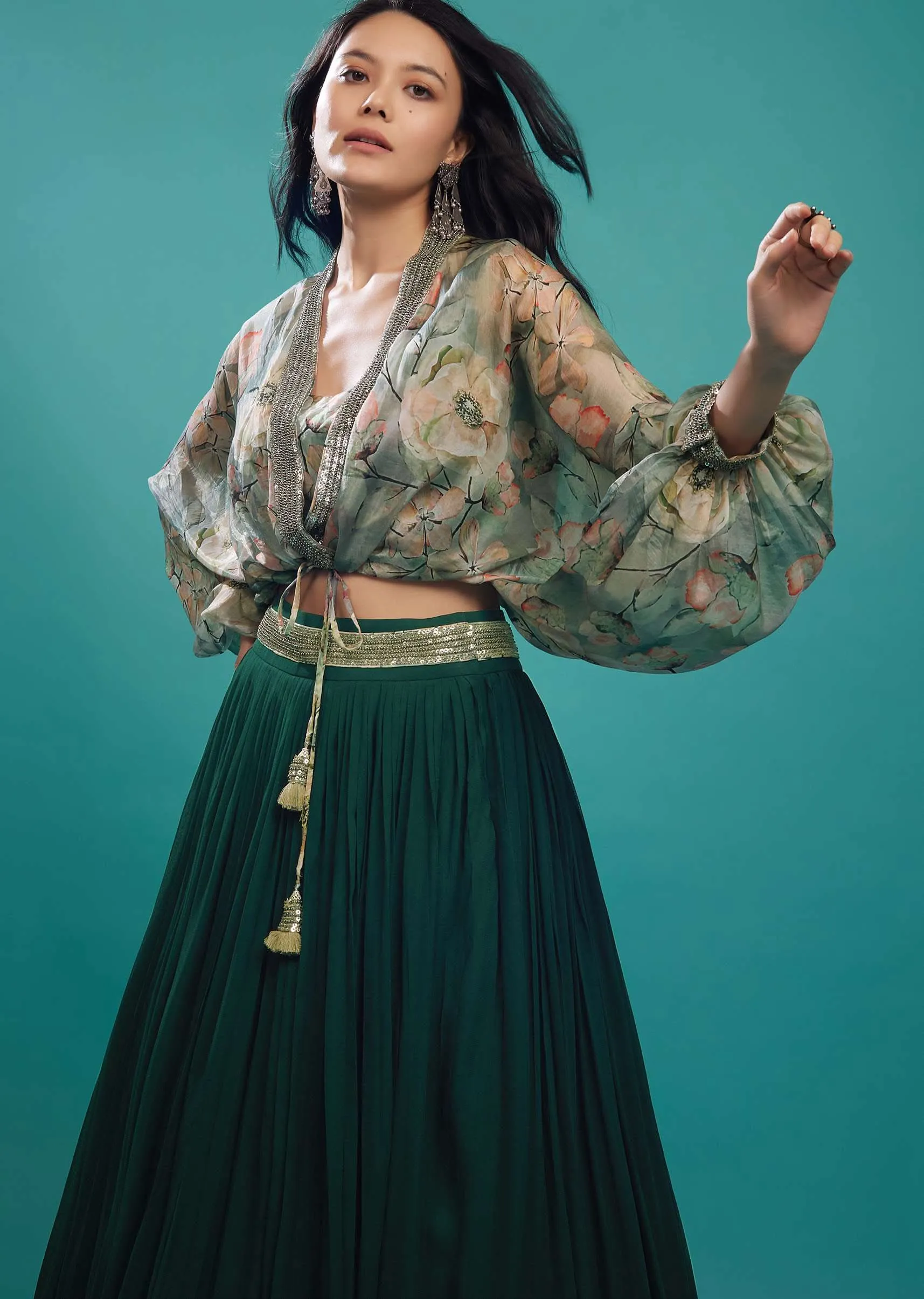 Deep Green Skirt And Printed Shrug Top