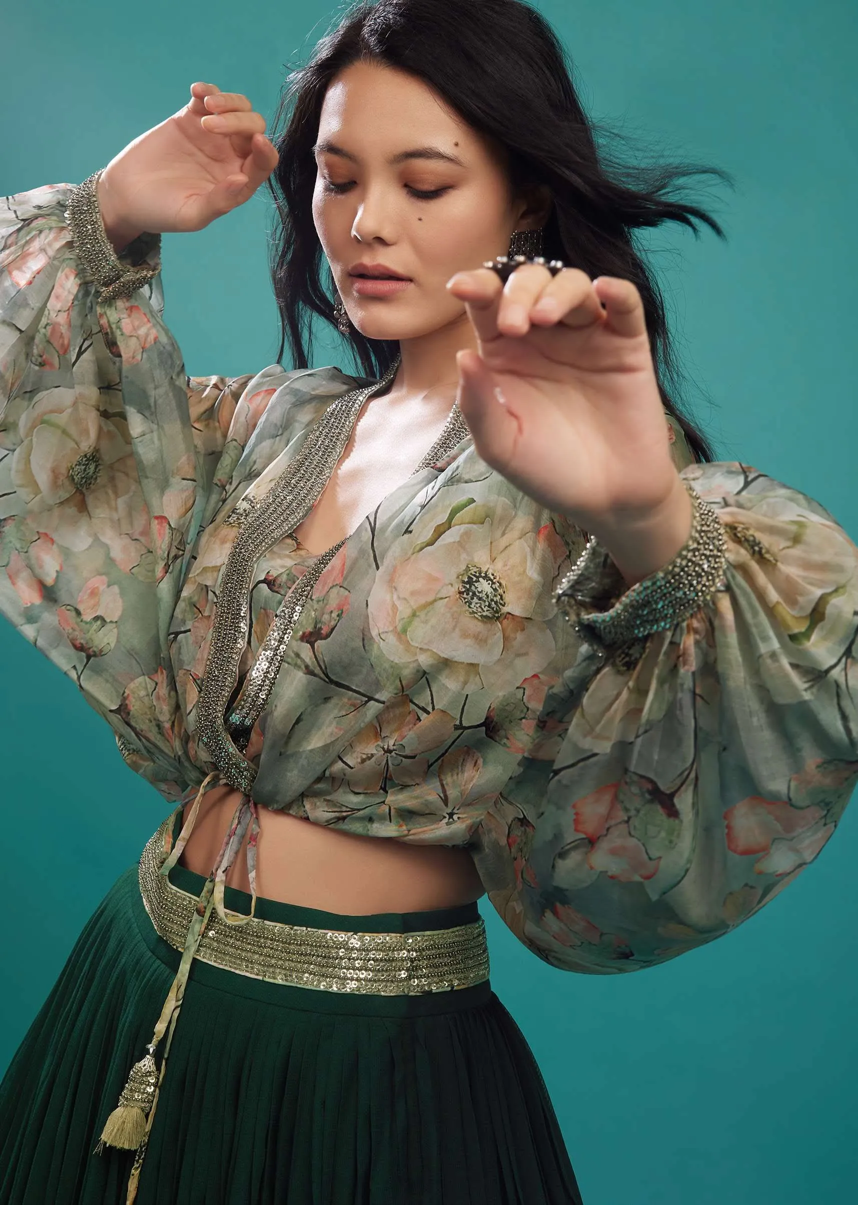 Deep Green Skirt And Printed Shrug Top