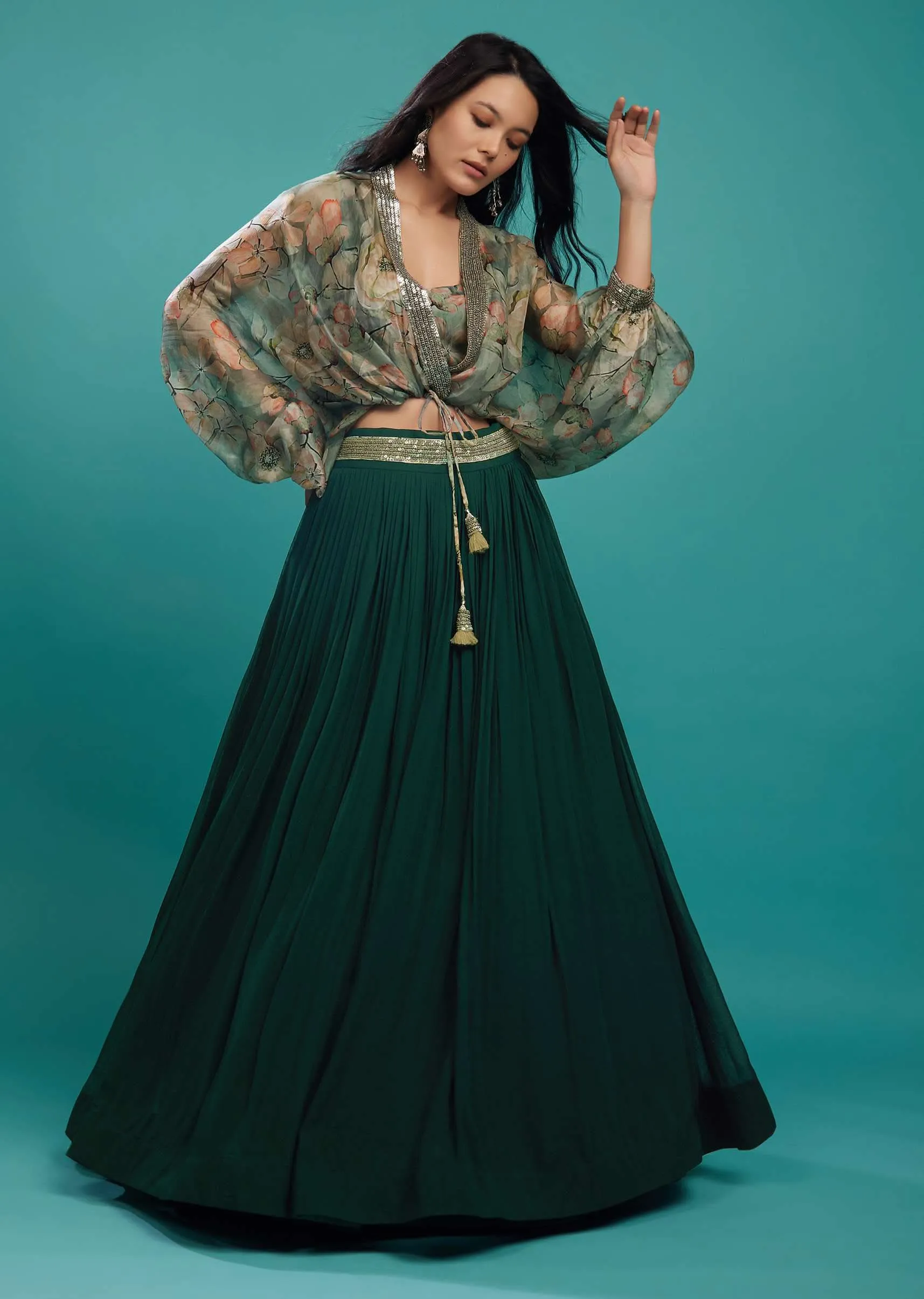 Deep Green Skirt And Printed Shrug Top