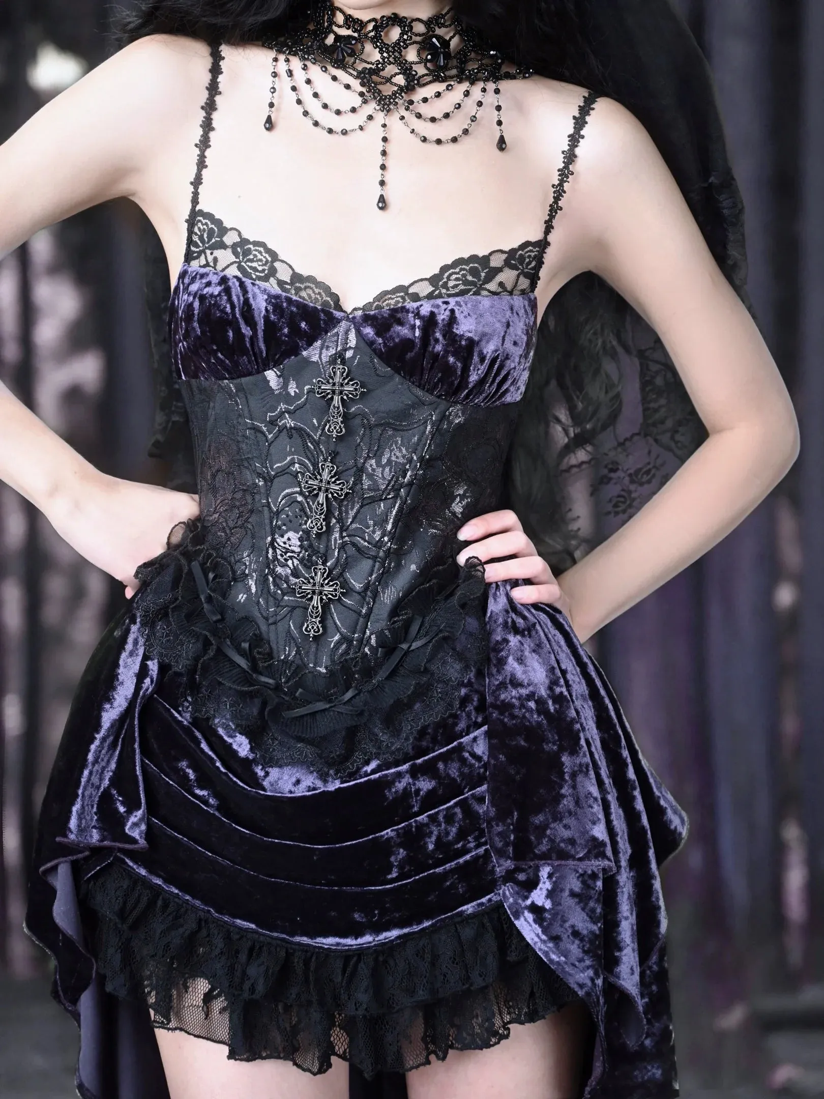 Gothic Lace Luna Suspender Dress Trailing Velvet