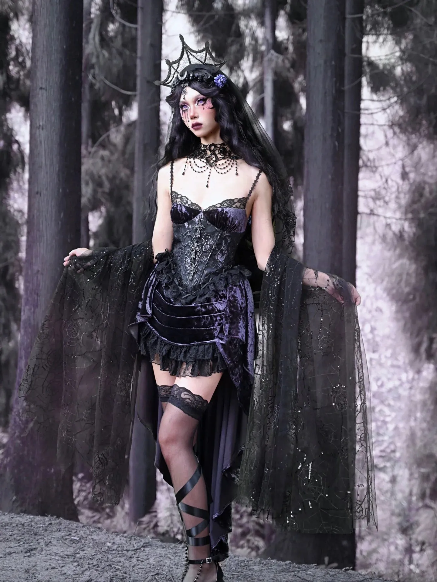 Gothic Lace Luna Suspender Dress Trailing Velvet