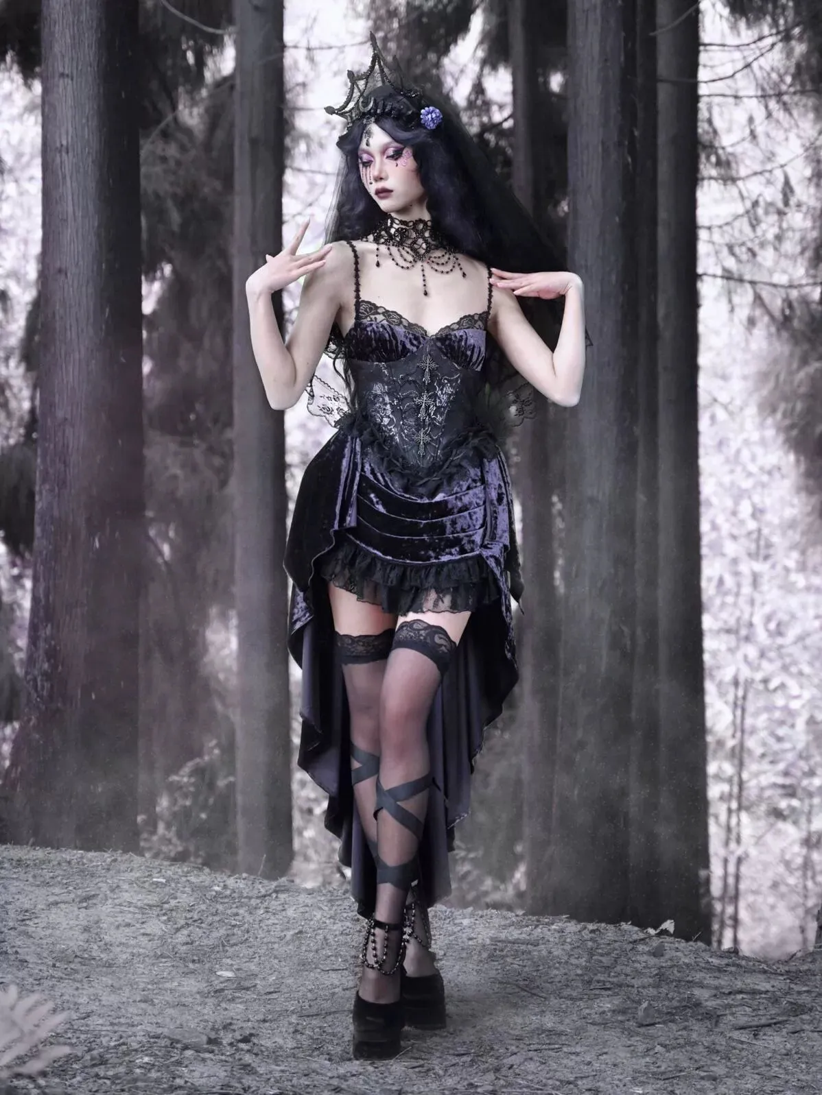 Gothic Lace Luna Suspender Dress Trailing Velvet