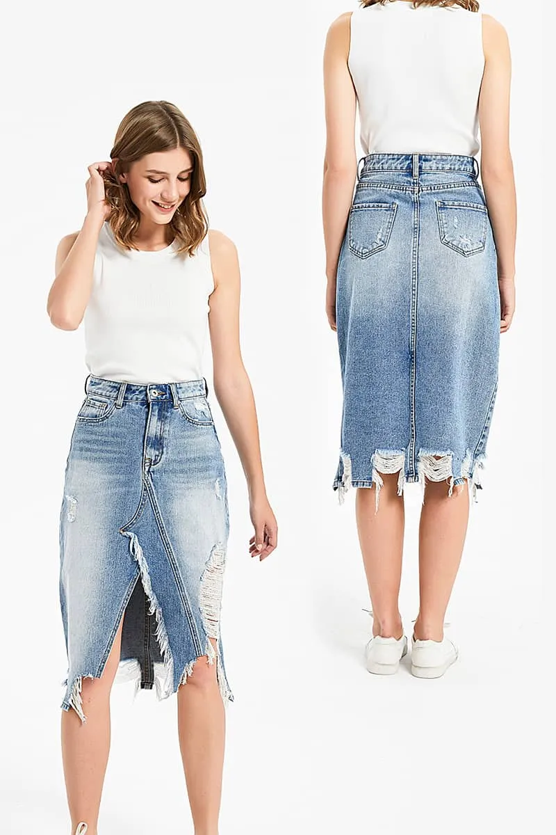 Irregular fringe ripped denim skirt