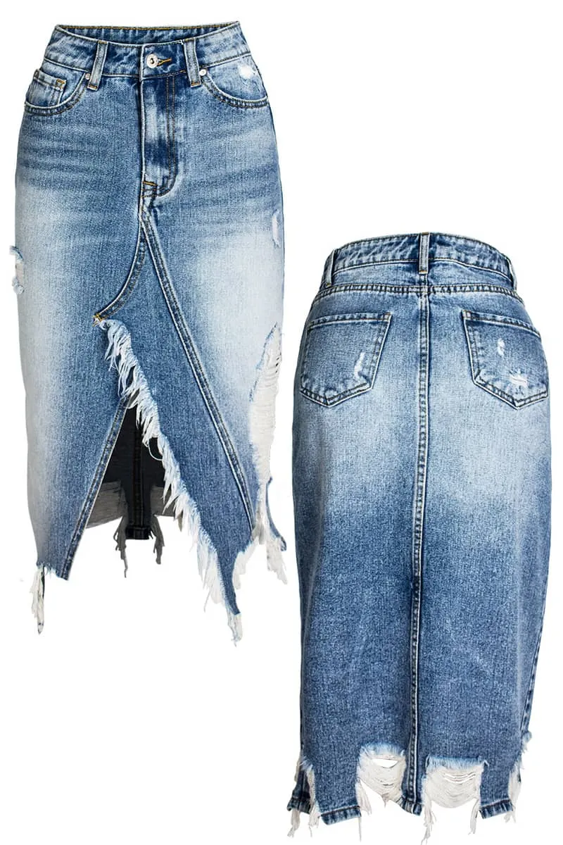 Irregular fringe ripped denim skirt
