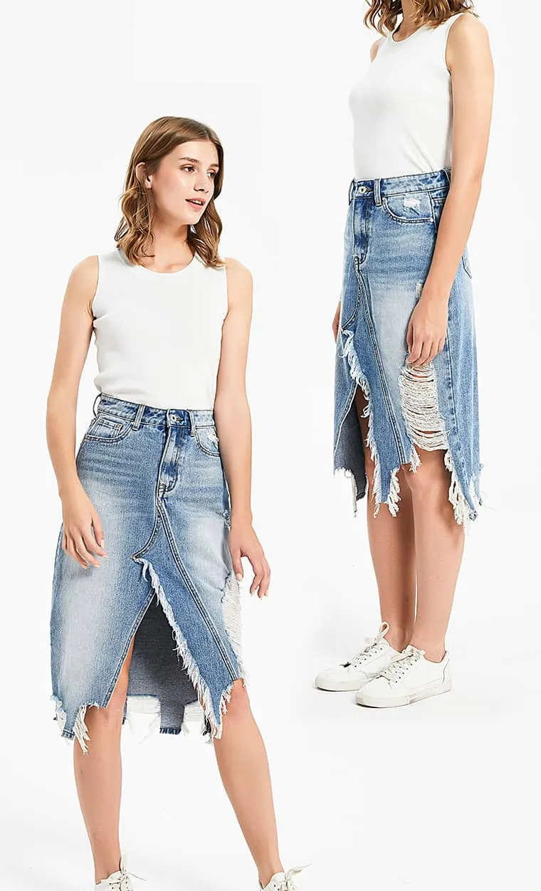 Irregular fringe ripped denim skirt