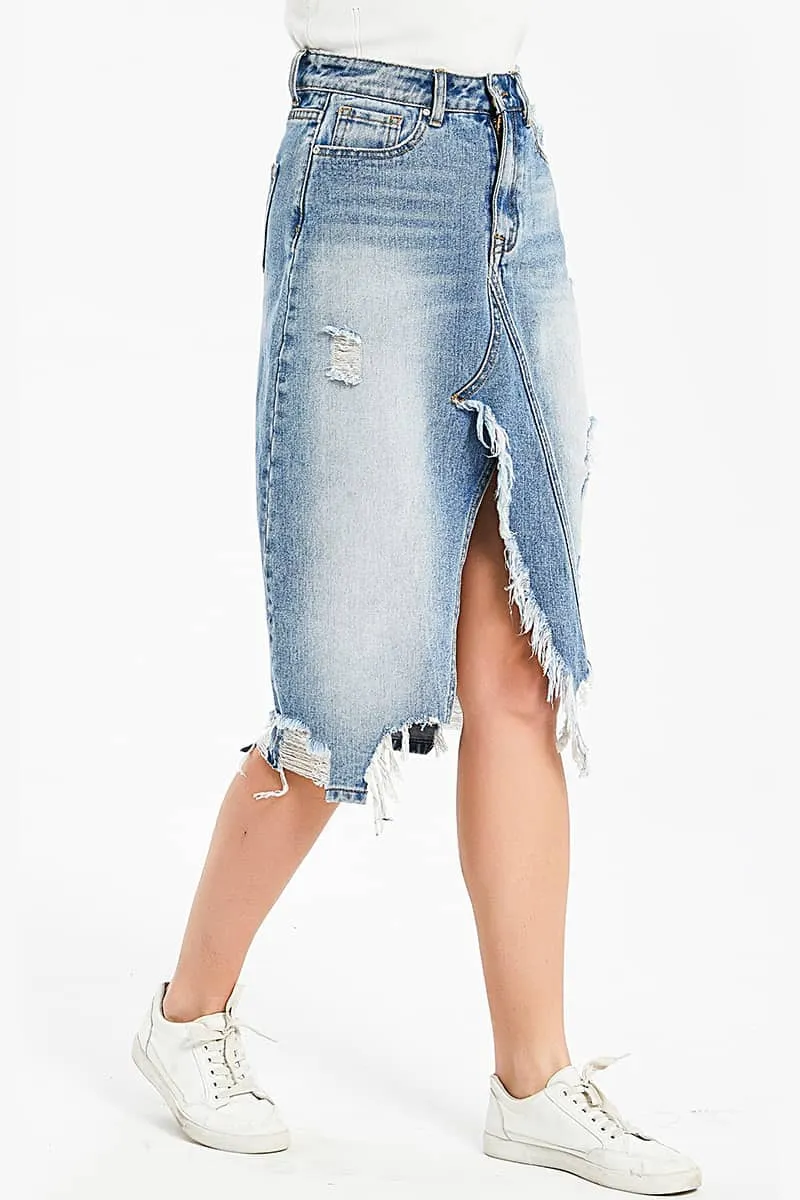 Irregular fringe ripped denim skirt