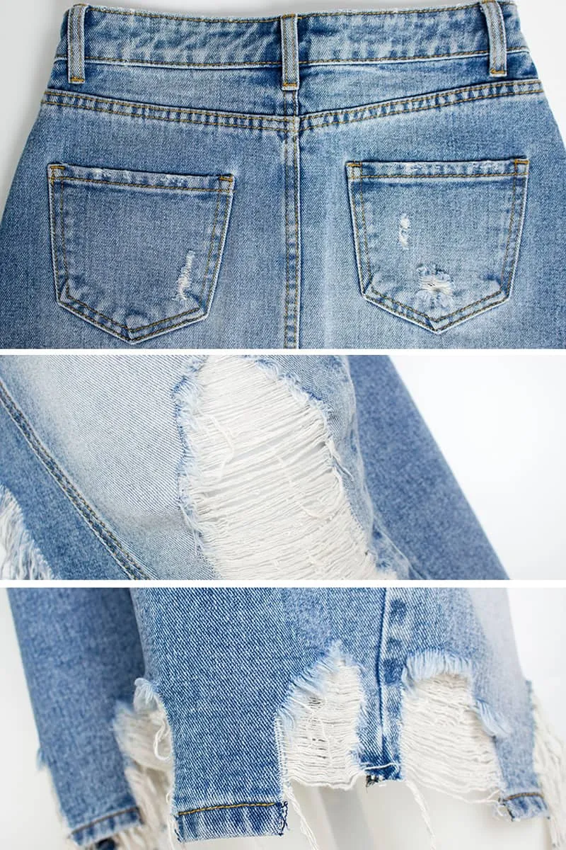 Irregular fringe ripped denim skirt