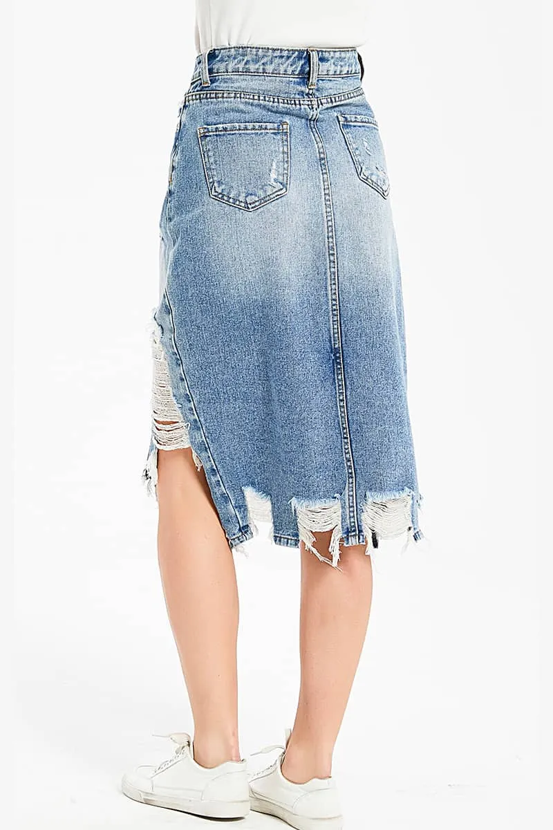 Irregular fringe ripped denim skirt