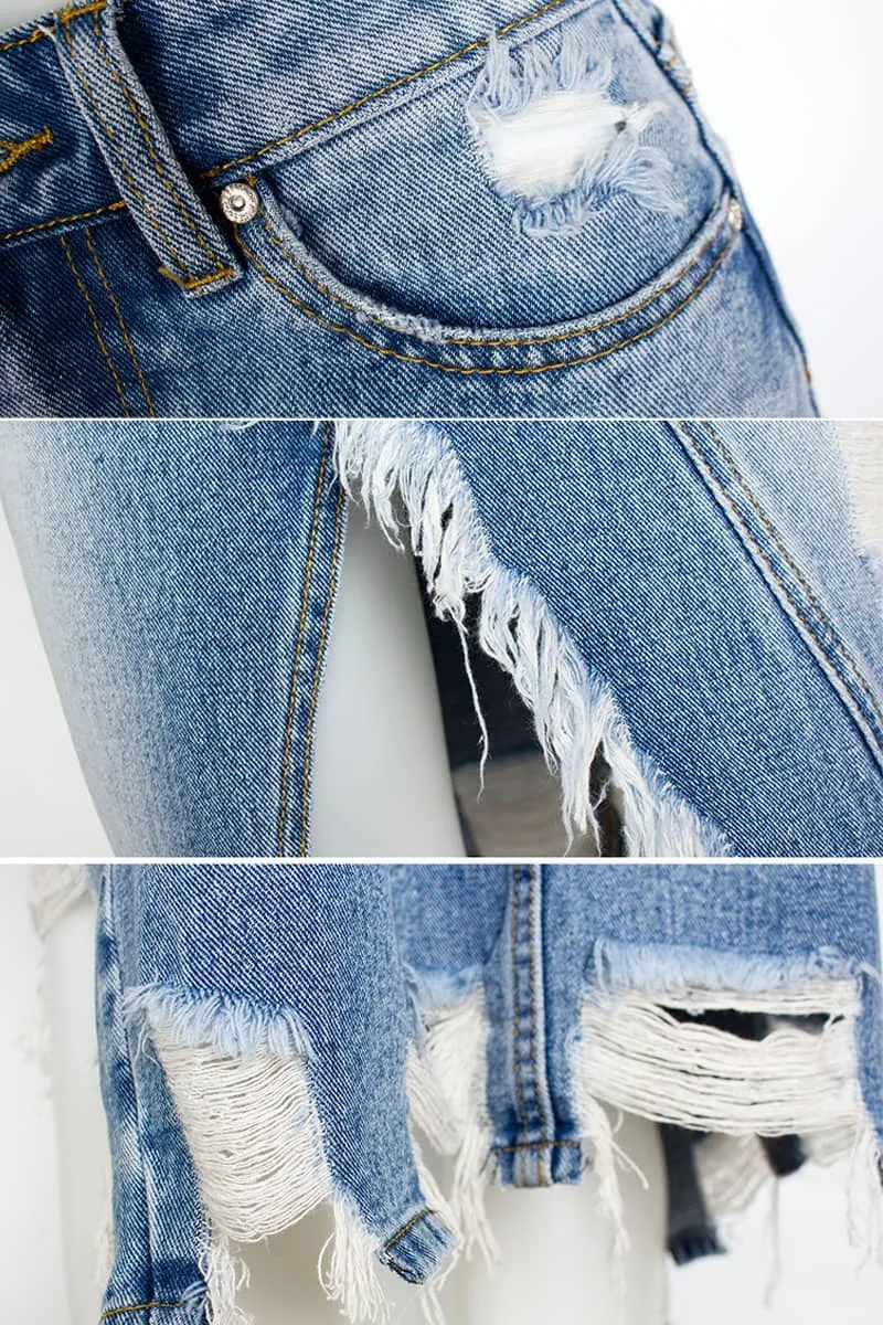 Irregular fringe ripped denim skirt
