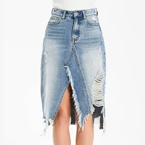 Irregular fringe ripped denim skirt