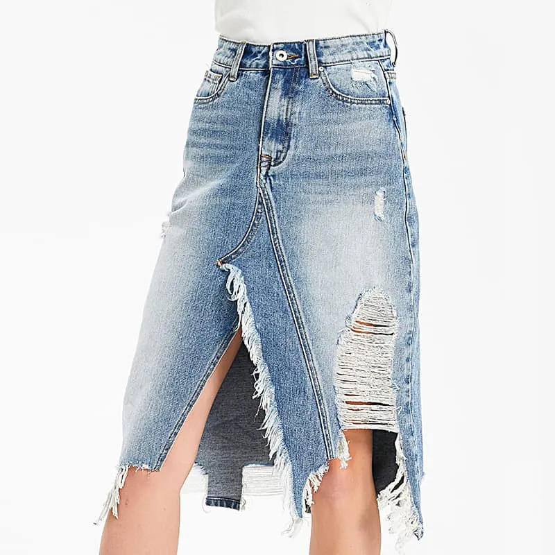 Irregular fringe ripped denim skirt