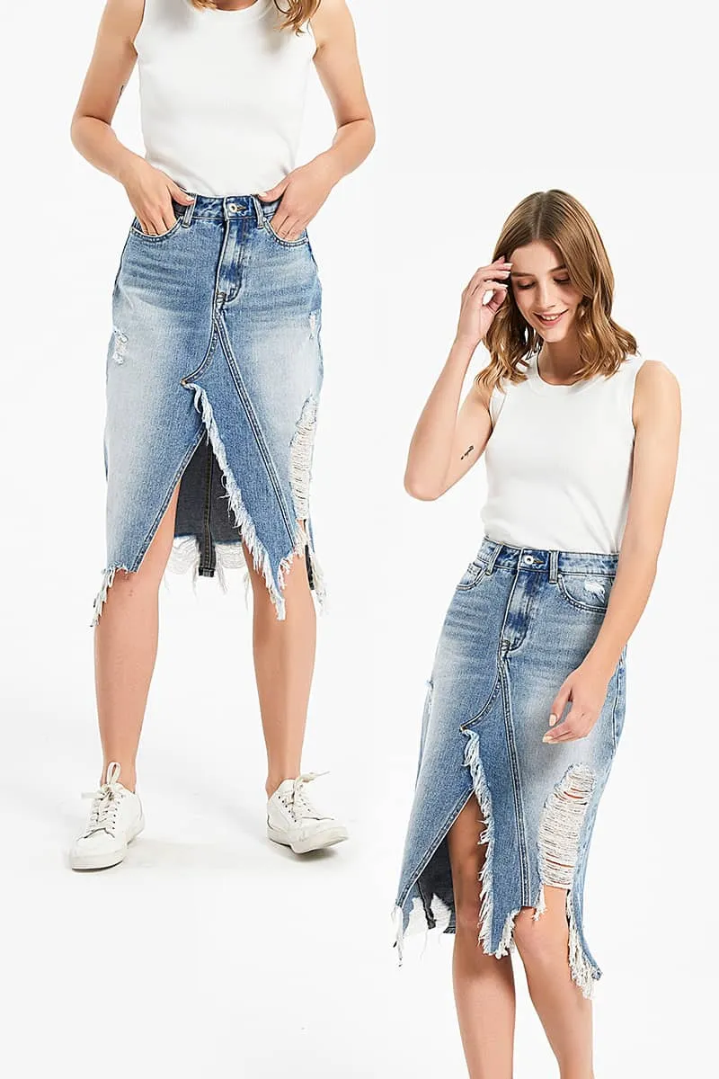 Irregular fringe ripped denim skirt
