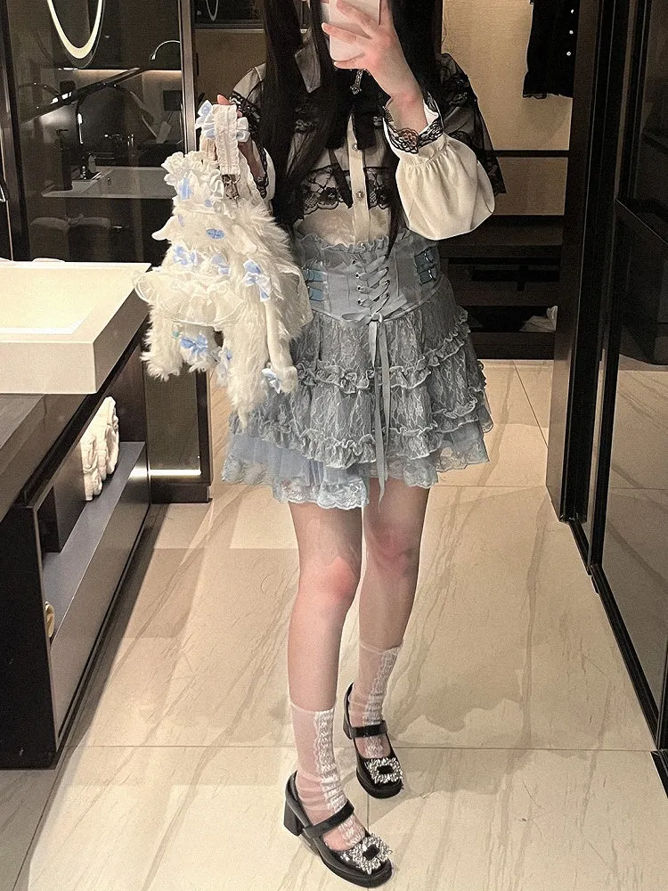 Jirai Kei Blue Heart Buckles Lace-up Detail Landmine Style High Waist Lace Tiered Skirt