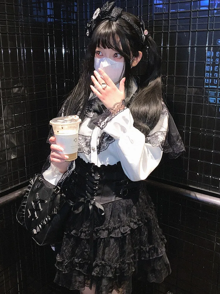 Jirai Kei Blue Heart Buckles Lace-up Detail Landmine Style High Waist Lace Tiered Skirt