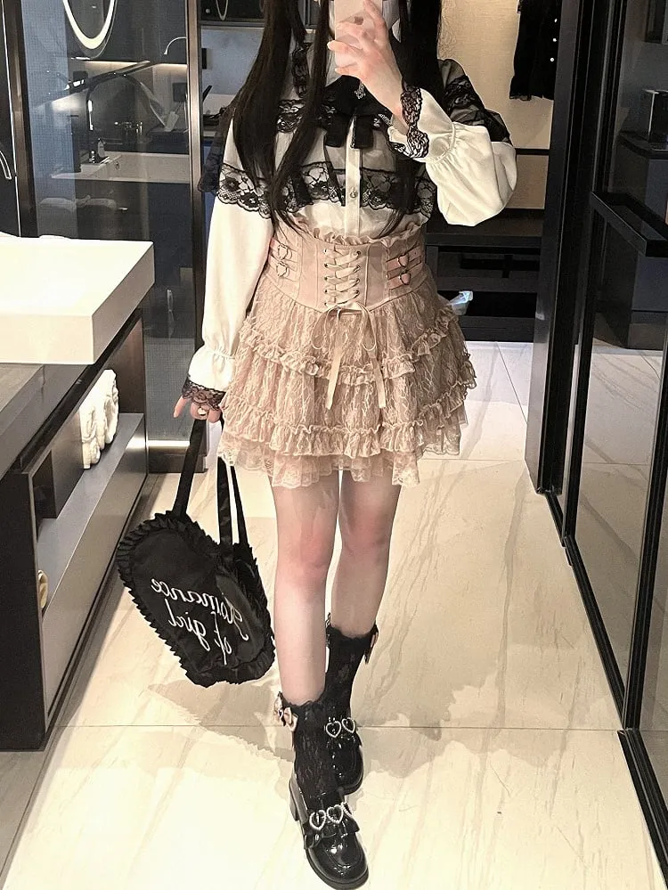 Jirai Kei Blue Heart Buckles Lace-up Detail Landmine Style High Waist Lace Tiered Skirt