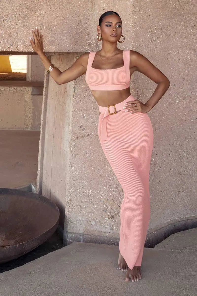 Knitted Two-piece Set with Spaghetti Strap Crop Top and Midi Skirt