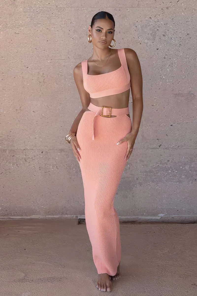 Knitted Two-piece Set with Spaghetti Strap Crop Top and Midi Skirt