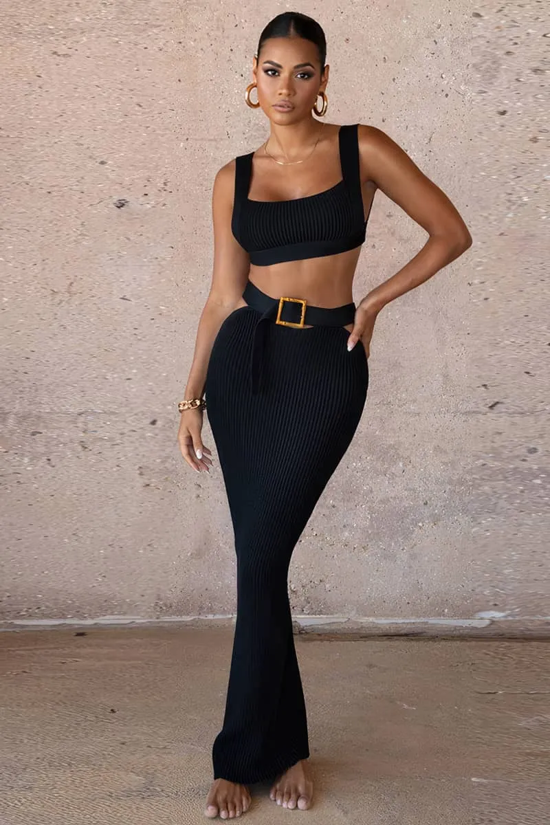Knitted Two-piece Set with Spaghetti Strap Crop Top and Midi Skirt