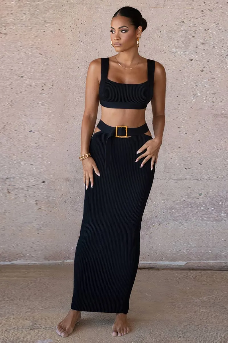Knitted Two-piece Set with Spaghetti Strap Crop Top and Midi Skirt