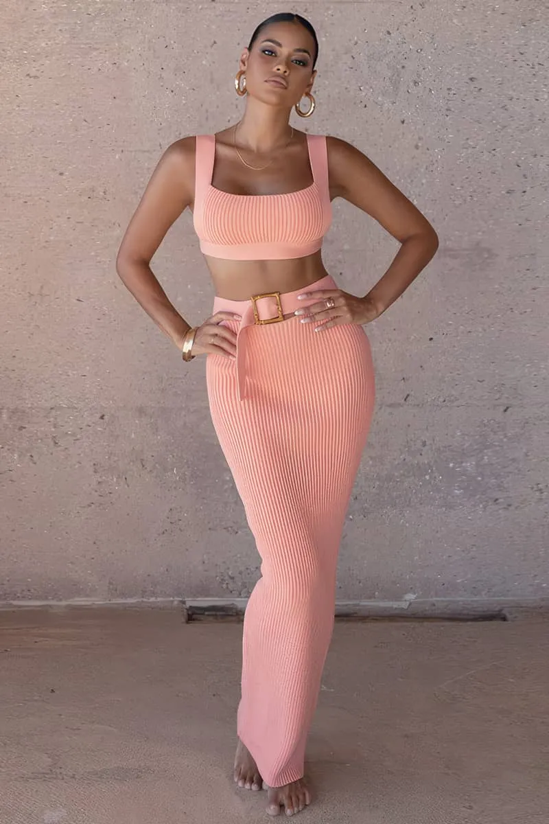 Knitted Two-piece Set with Spaghetti Strap Crop Top and Midi Skirt