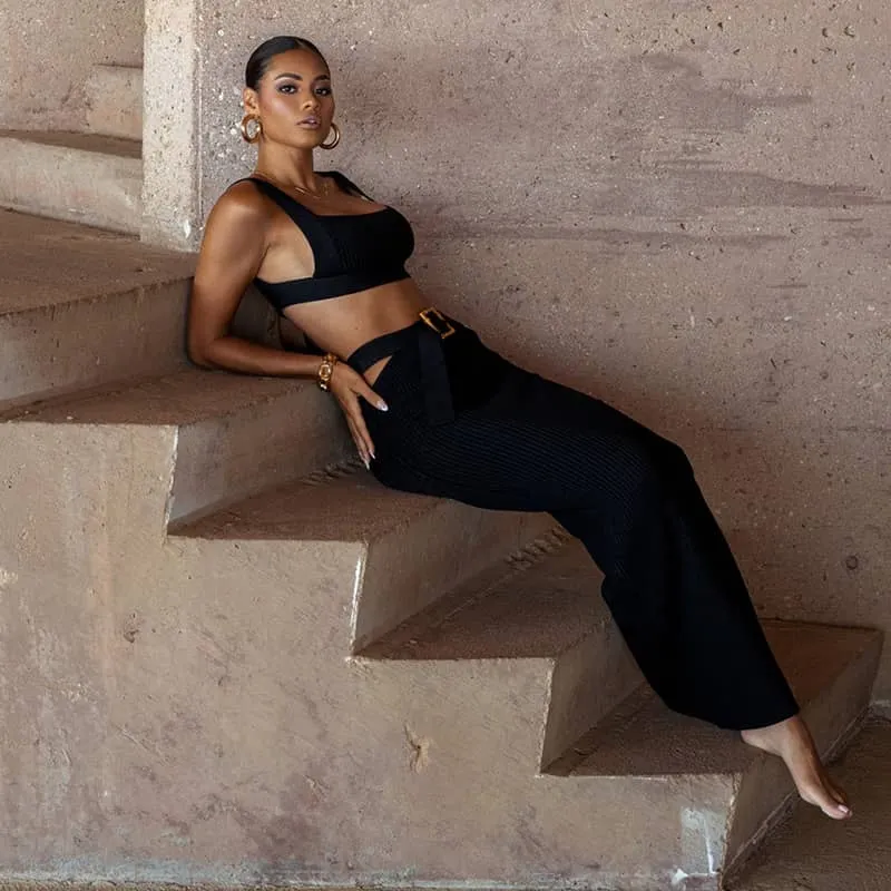 Knitted Two-piece Set with Spaghetti Strap Crop Top and Midi Skirt