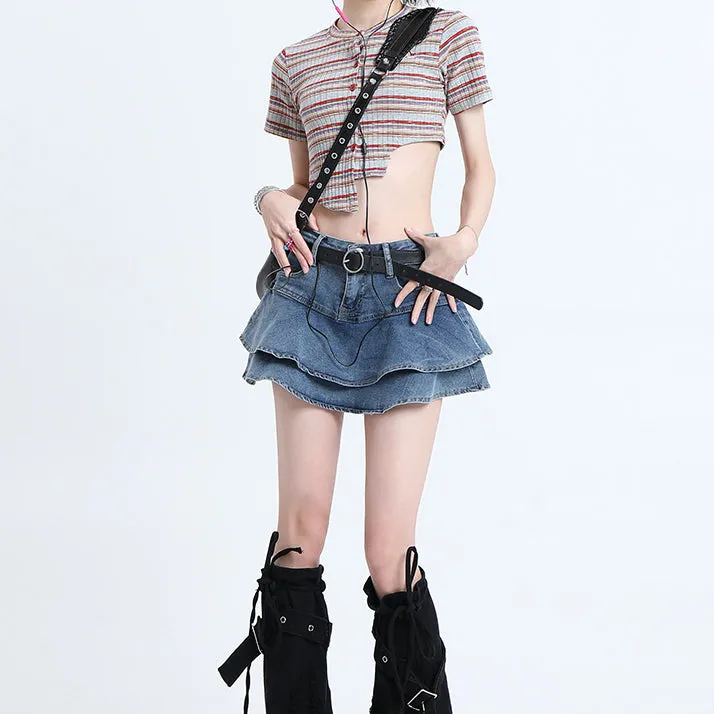 Korean Summer High Waist ruffle Denim Skirt