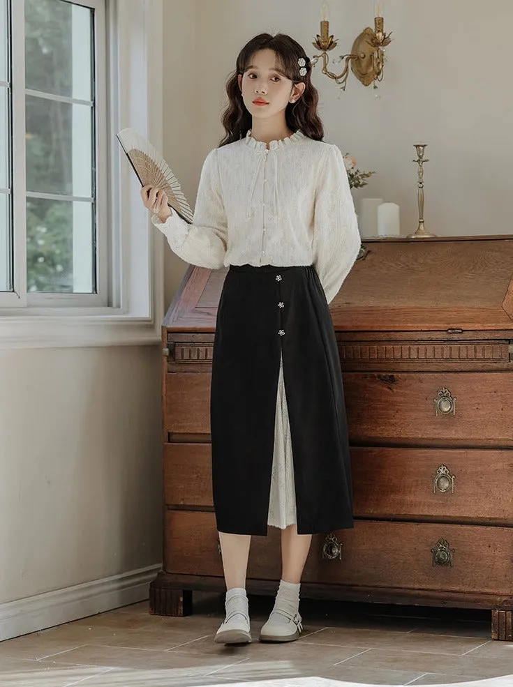 Lace China French Skirt Shirt Slit Retro