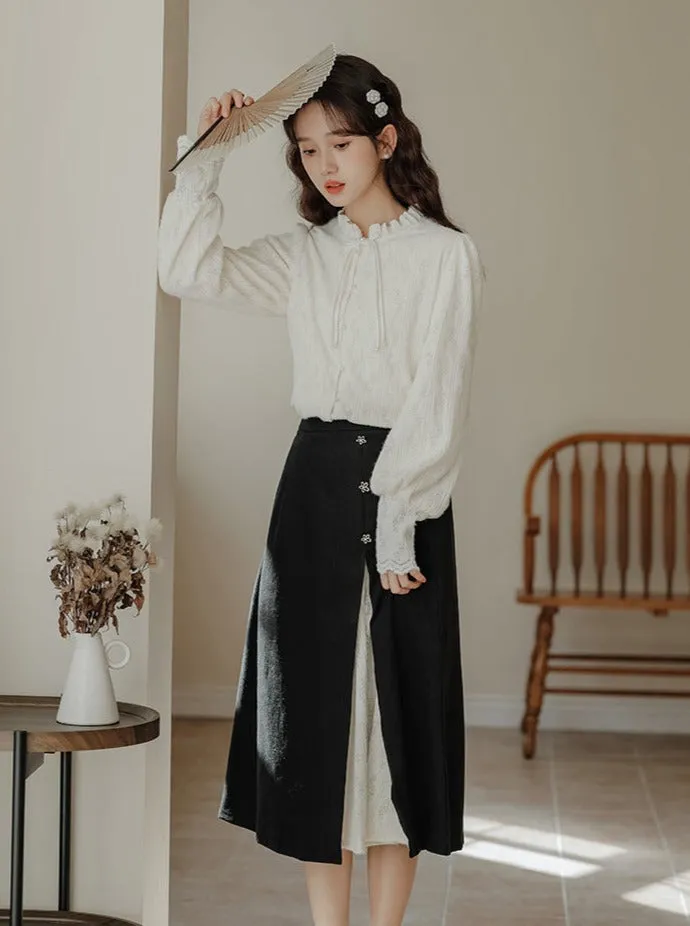 Lace China French Skirt Shirt Slit Retro