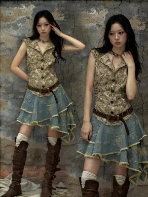 Letters Khaki Top Denim Handkerchief Skirt Punk Hooded Dress