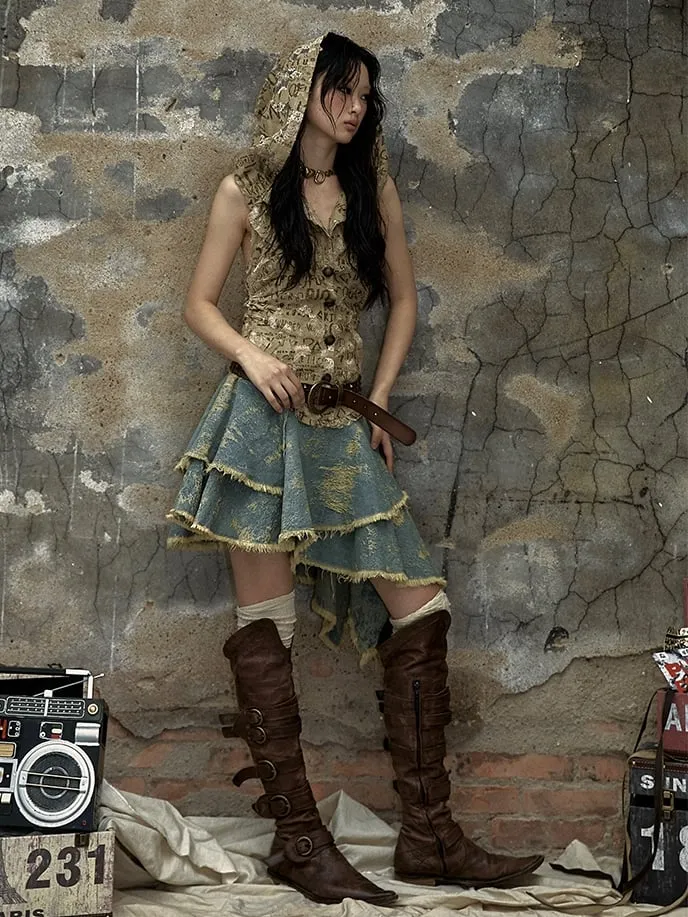 Letters Khaki Top Denim Handkerchief Skirt Punk Hooded Dress