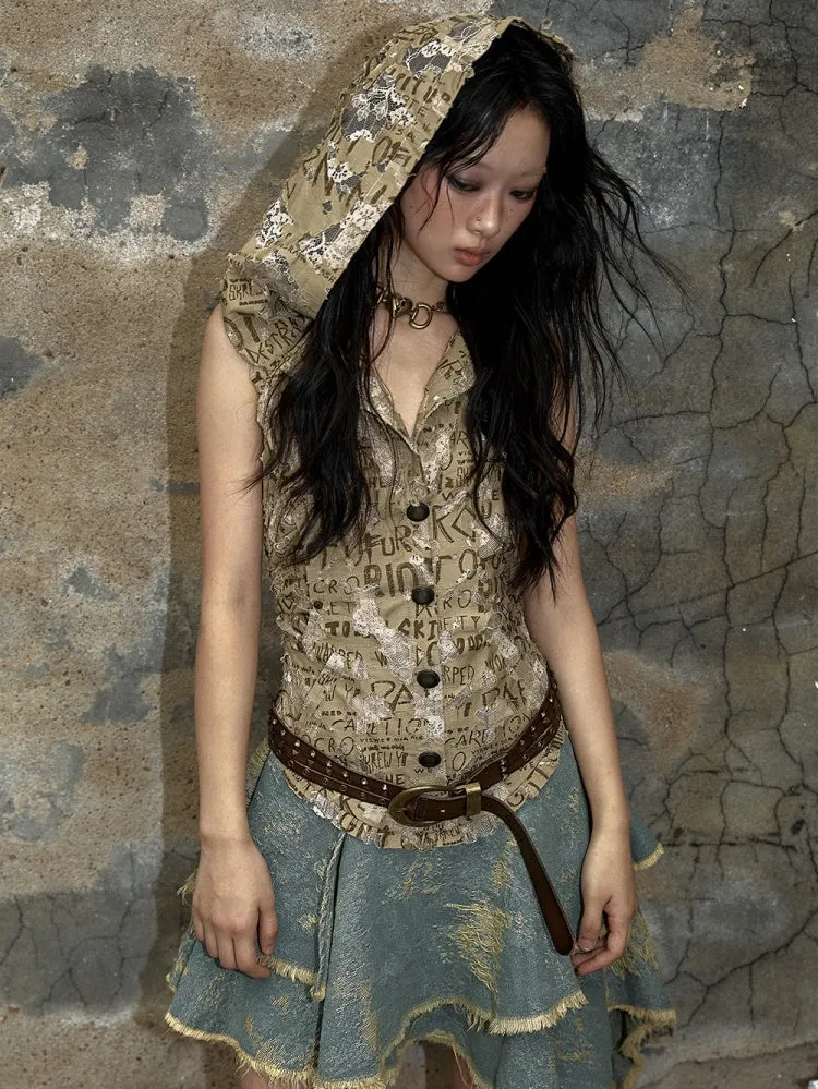 Letters Khaki Top Denim Handkerchief Skirt Punk Hooded Dress