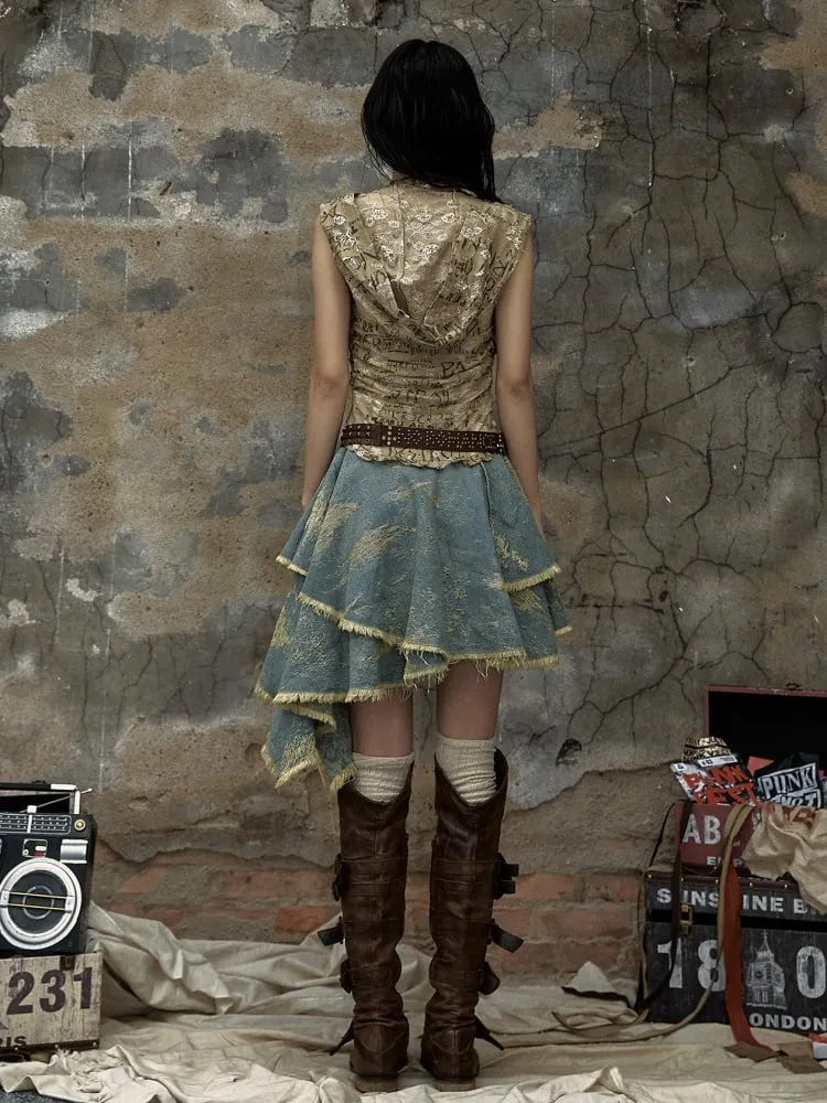 Letters Khaki Top Denim Handkerchief Skirt Punk Hooded Dress