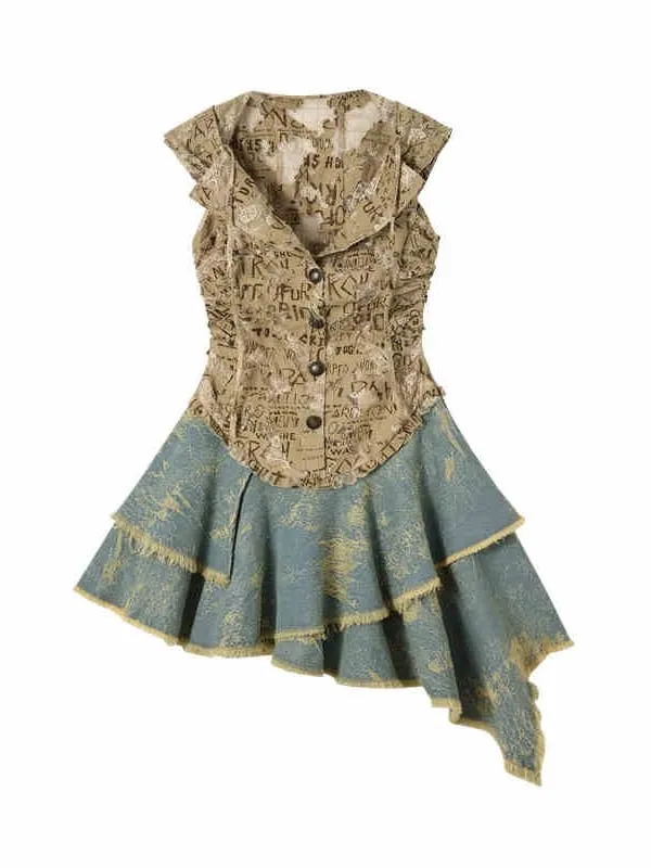 Letters Khaki Top Denim Handkerchief Skirt Punk Hooded Dress
