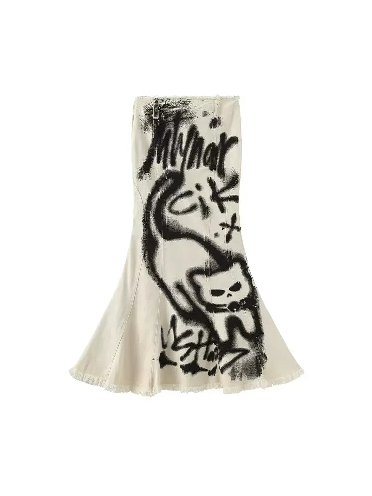 Mermaid Denim Spray Retricat Paint Skirt