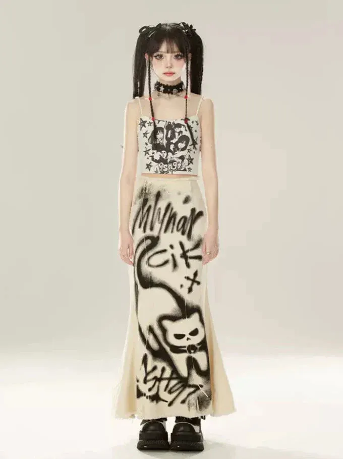 Mermaid Denim Spray Retricat Paint Skirt