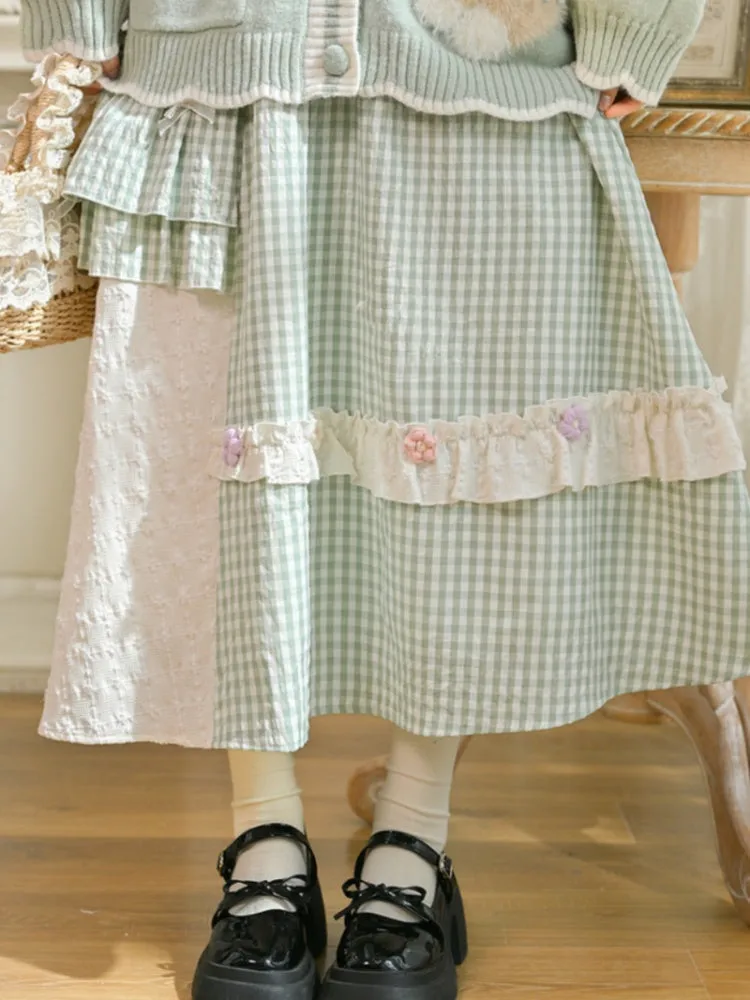 Mori Kei Green Plaid Knitted Floral Bowknots Details Skirt