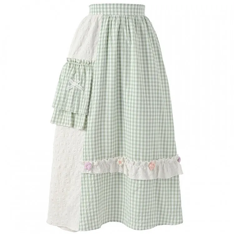 Mori Kei Green Plaid Knitted Floral Bowknots Details Skirt