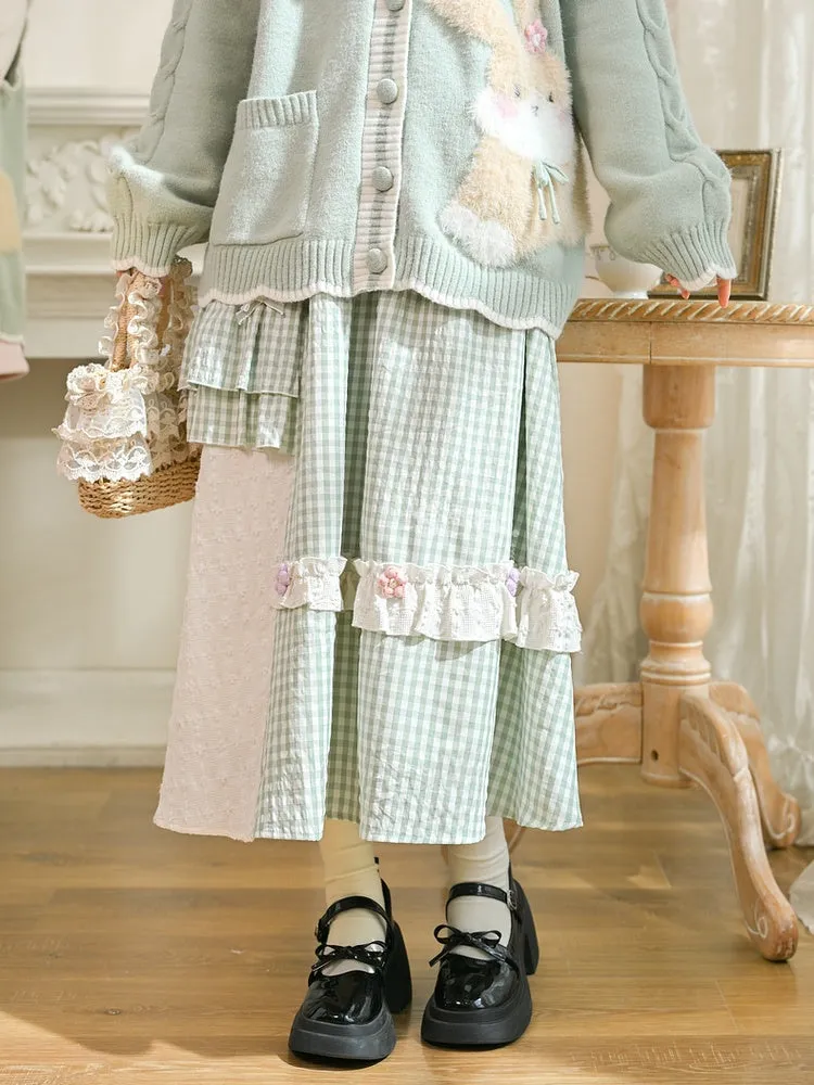 Mori Kei Green Plaid Knitted Floral Bowknots Details Skirt