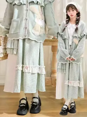 Mori Kei Green Plaid Knitted Floral Bowknots Details Skirt
