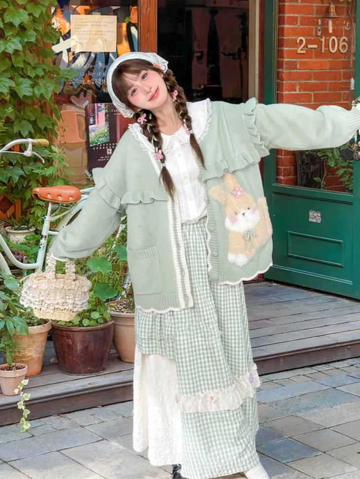 Mori Kei Green Plaid Knitted Floral Bowknots Details Skirt