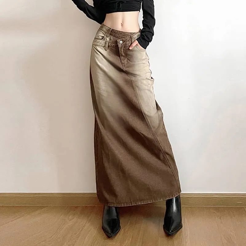 Retro gradient brown denim straight skirt