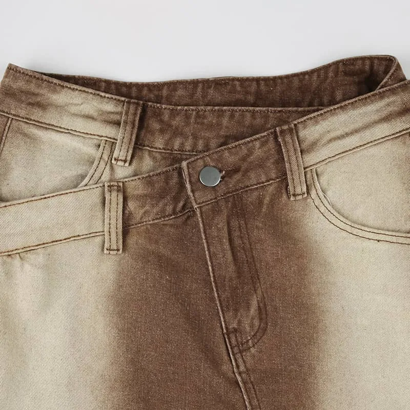 Retro gradient brown denim straight skirt