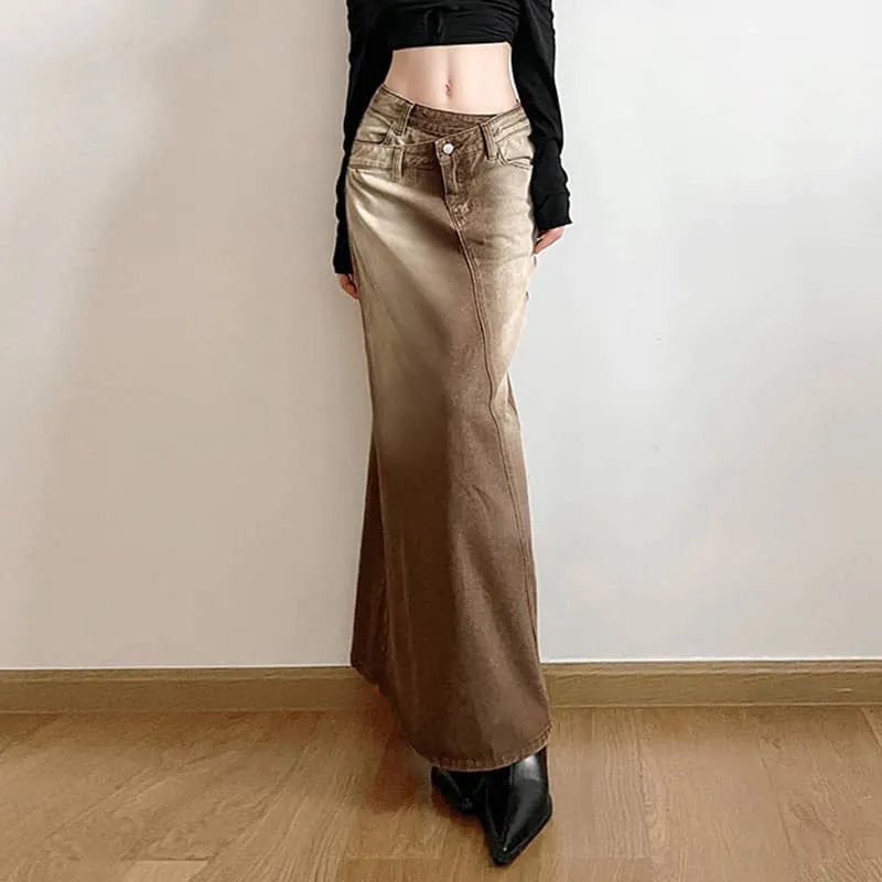 Retro gradient brown denim straight skirt