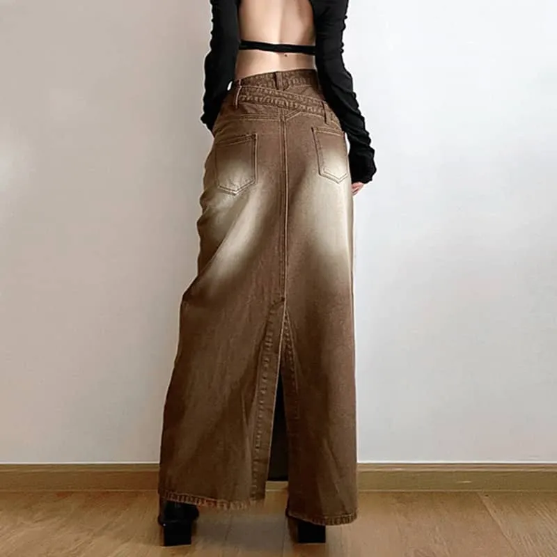 Retro gradient brown denim straight skirt