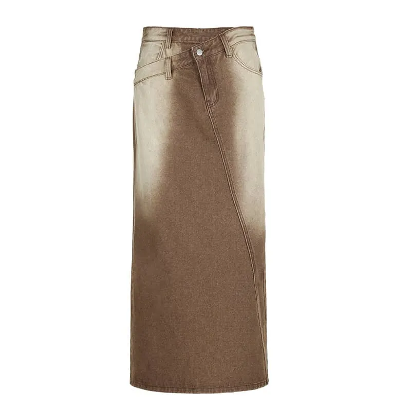Retro gradient brown denim straight skirt