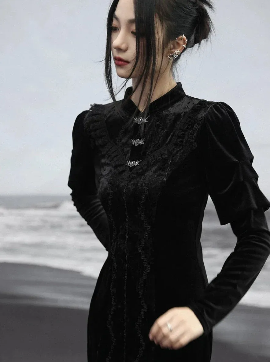 Skirt Retro Slit Long Dark Lace Splicing