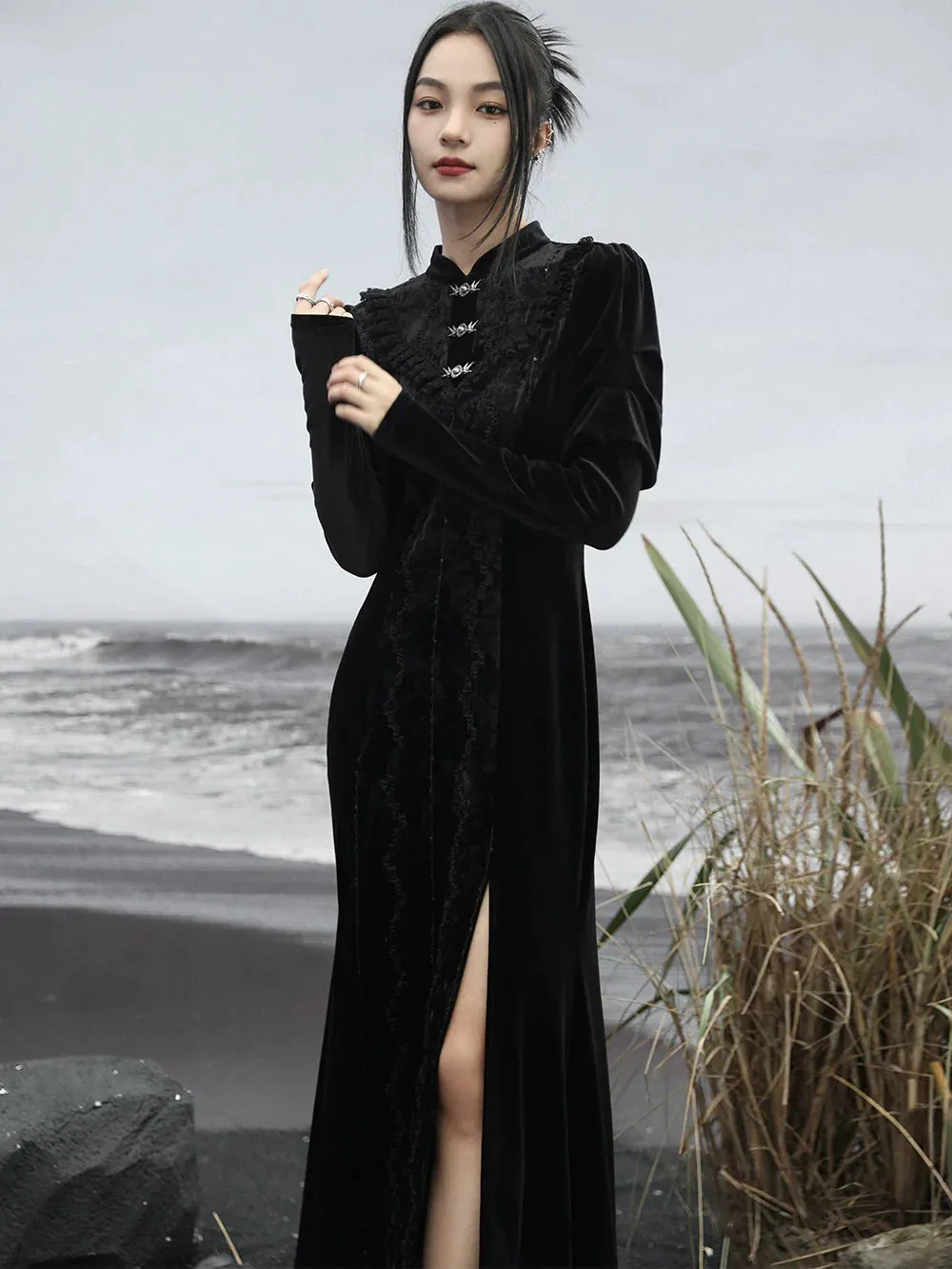 Skirt Retro Slit Long Dark Lace Splicing