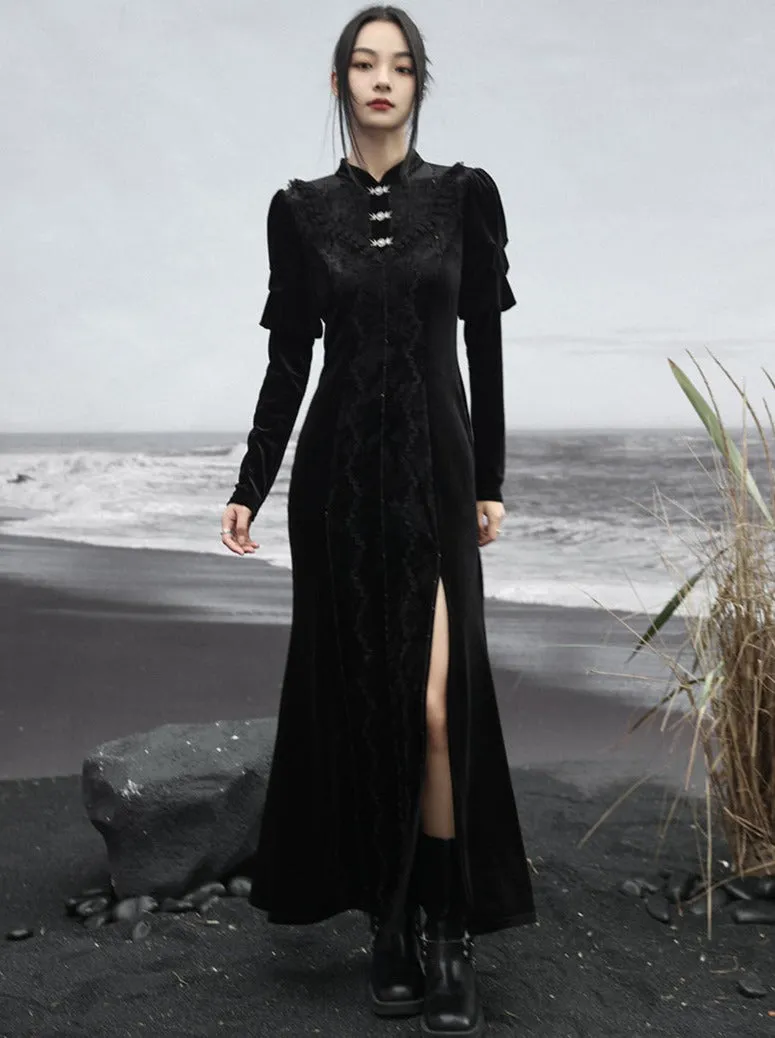 Skirt Retro Slit Long Dark Lace Splicing