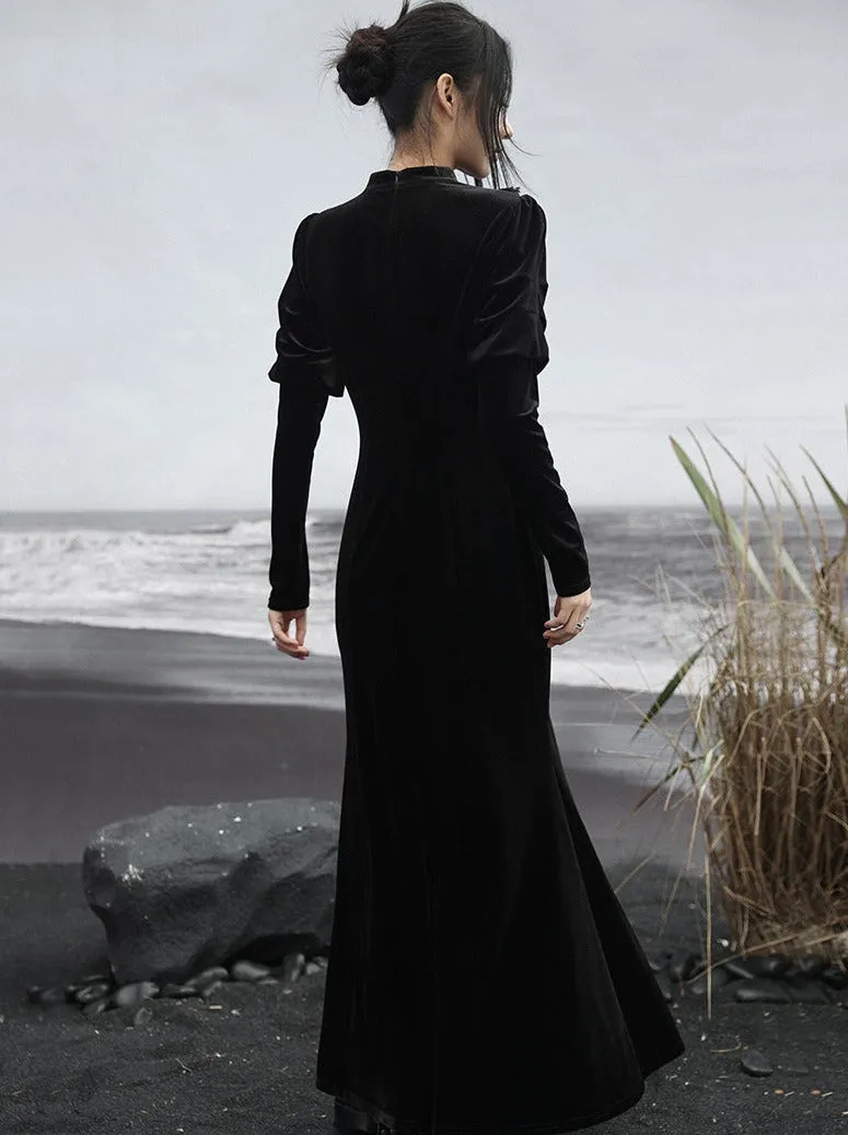 Skirt Retro Slit Long Dark Lace Splicing